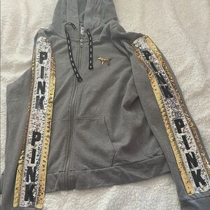 Rare PINK Victoria's Secret Gray Hoodie with Gold Dog Patch